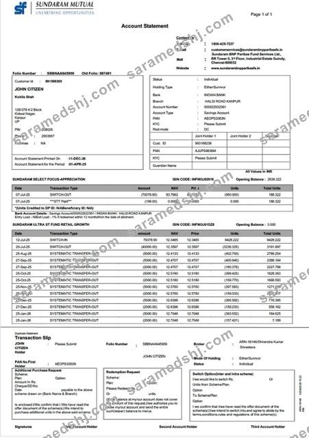 India Sundaram Mutual account statement Word and PDF template